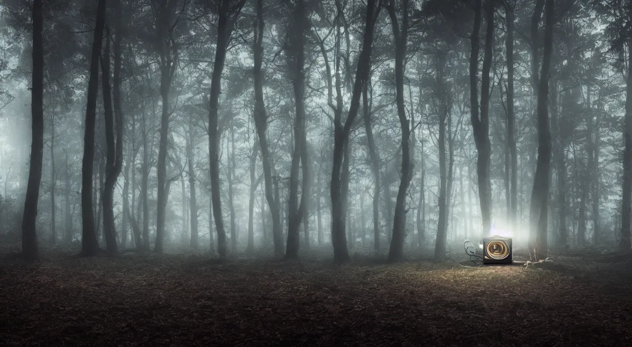 Image similar to many old tvs are standing in a big dark and foggy forest while you can see lights in the background, night, mysterious, octane, Unreal engine, professional photography