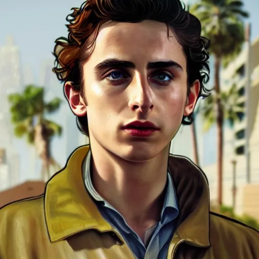 Image similar to timothee chalamet in gta v, cover art by stephen bliss, artstation, no text