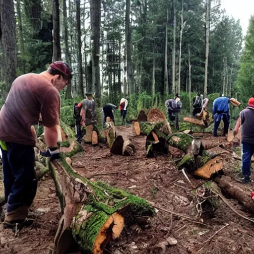 Prompt: people cutting down trees