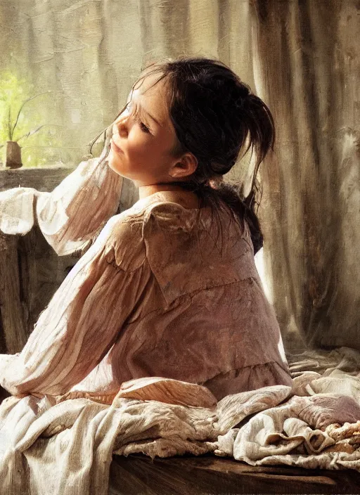 Image similar to a beautiful detailed photo of a girl paining her clothes on with oil paint, realistic, f 8, 4 k hd wallpaper