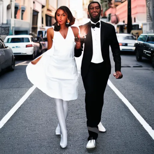 Prompt: A black man wearing white suit with a black time with a white woman wearing a pink dress on street at night , traffic