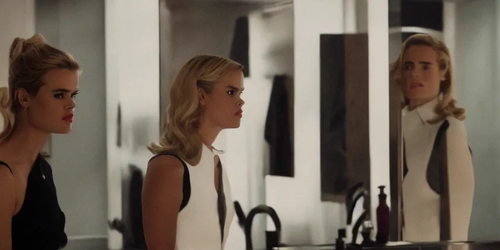 Prompt: ultra wide angle photo of alice eve dressed in a white blouse and black dress pants as diana prince looking at herself in a bathroom mirror and seeing her reflection as wonder woman