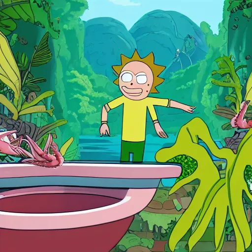 Prompt: High resolution: Subject: morty sits on toilet of paradise, background =  jungle scenes behind morty and Pickle Rick is being eaten by a giant shrimp in a lake, style= Full HD, 4K, QHD, camera angle = directly behind morty on the toilet looking out into the jungle scene where Pickle  Rick is being eaten by a giant shrimp