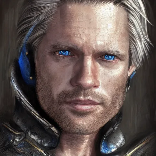 Image similar to concept art, 50 years old men, blonde, blue eyes, leather armor, high detail, digital art, realistic