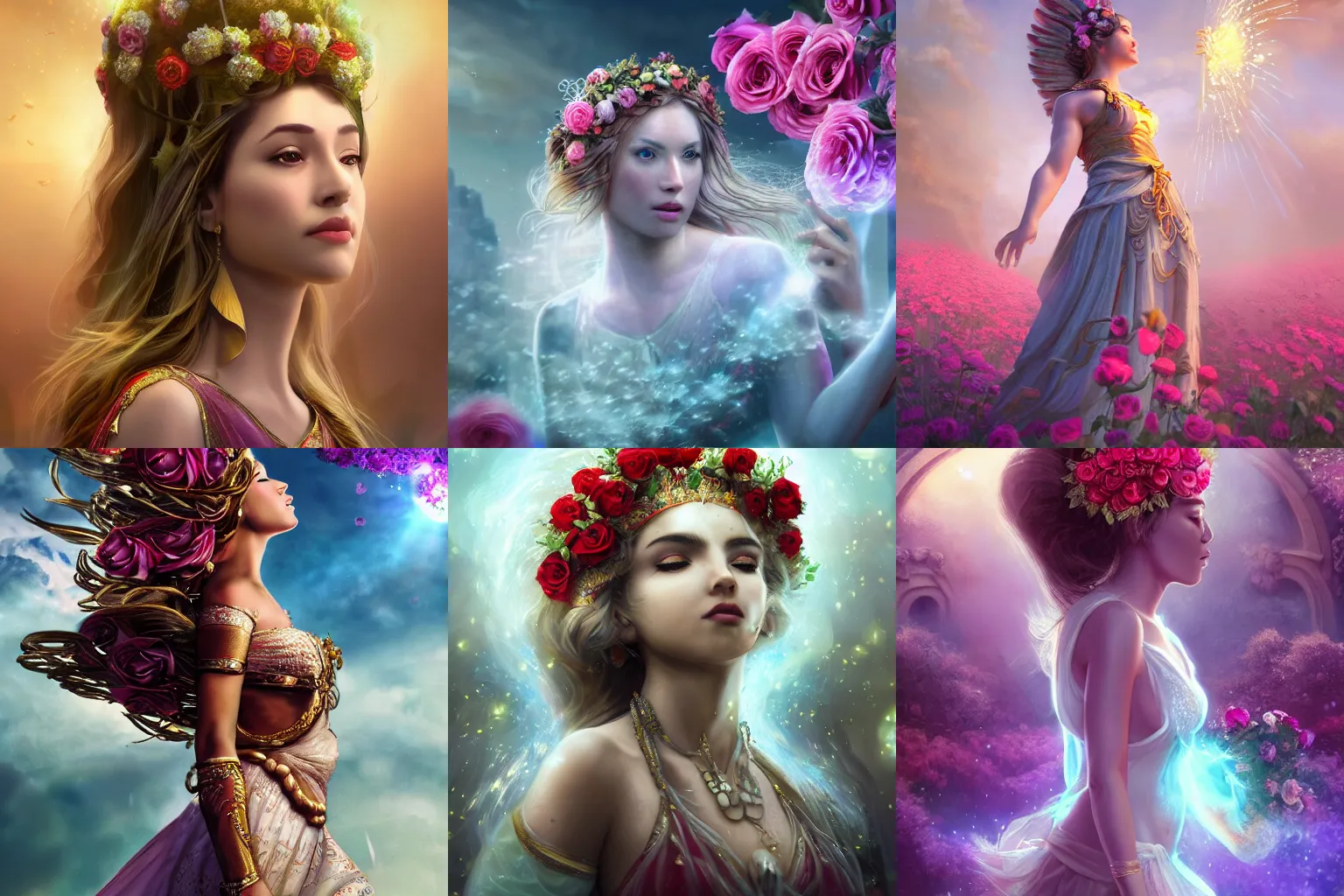 Prompt: a beautiful female goddess of the roses character, character is in all its glory, character is in her natural relaxed pose, rim lights, particles and dust in the air, fancy clouds, highly detailed professional photo, dynamic lights, particles are flying, depth of field, trending on artstation, professional illustration, hyper realistic, vray caustics, super detailed, colorful accents, cinematic shot