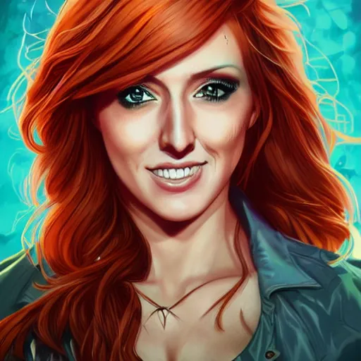 Image similar to becky lynch, heroine, beautiful, playful smile, detailed portrait, intricate complexity, in the style of Artgerm, Kazuki Tanahashi, and Ross Tran, cel-shaded