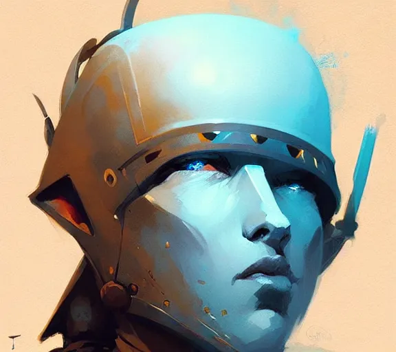 Image similar to portrait of a knight, fantasy, by atey ghailan, by greg rutkowski, by greg tocchini, by james gilleard, by joe fenton, by kaethe butcher, by ashley wood, dynamic lighting, gradient light blue, brown, blonde cream and white color scheme, grunge aesthetic