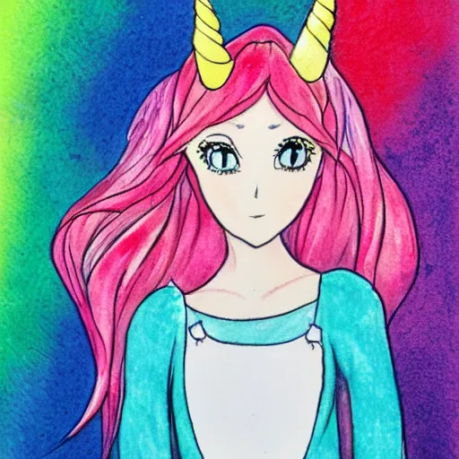 Prompt: girl and unicorn illustraton colorfull pencil aquarell comic and anime style