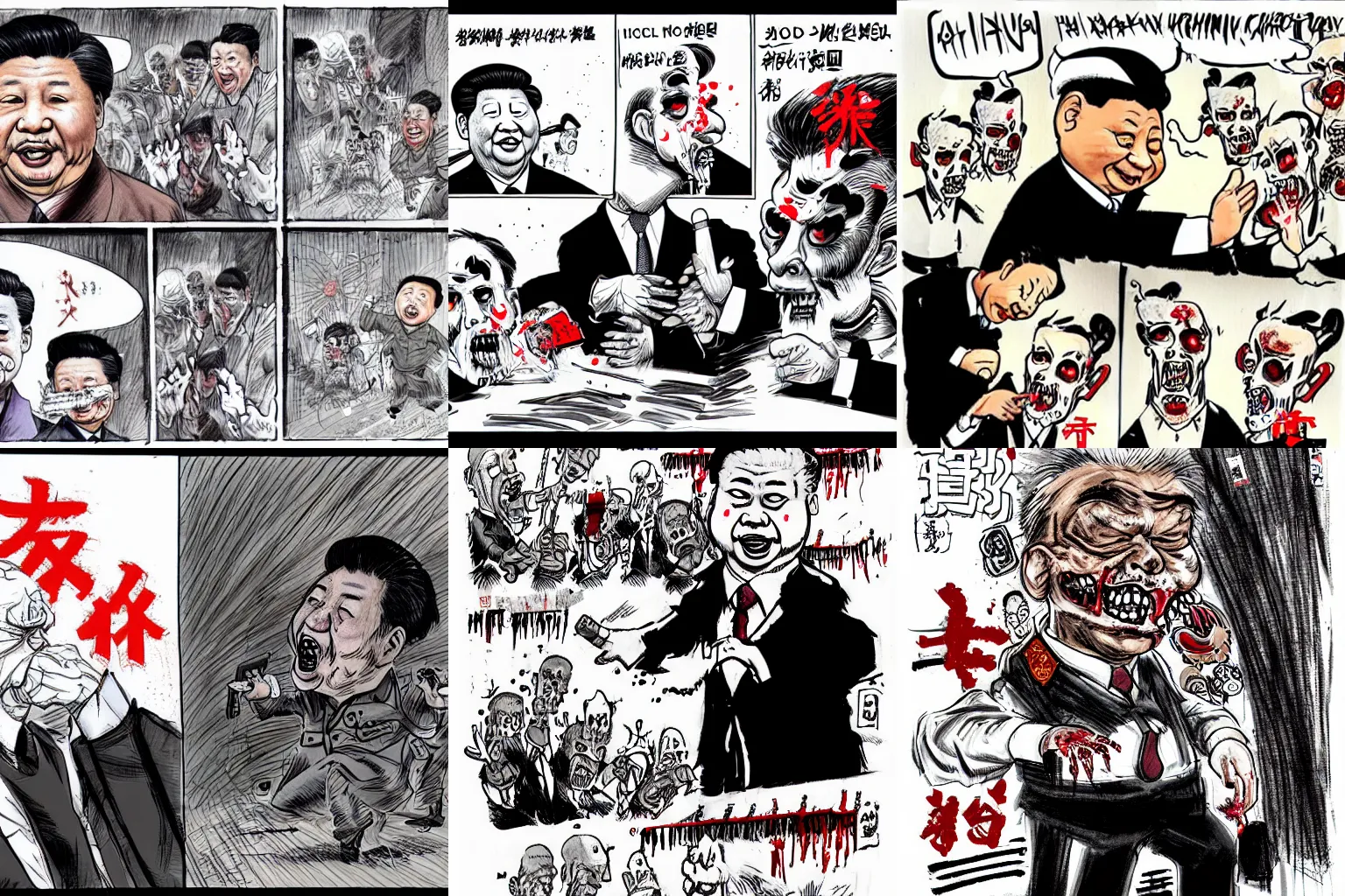 Prompt: xi jinping casting a zombie by kim jung gi