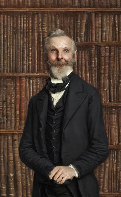 Prompt: portrait of a smiling middle aged victorian gentleman wearing a dark suit, happy, standing beside a bookcase, detailed face, 1 9 th century, highly detailed, cinematic lighting, digital art painting by greg rutkowski