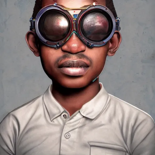 Image similar to colourful vfx upper half - portrait - art of a nigerian boy wearing steam punk goggles, art by stanley artgem lau & tenmyouya hisashi, digital render, digital illustration, concept art, caricature, volumetric light, ray tracing, symmetrical, unreal engine, octane 3 d render, sharp, detailed, intricate detail, pinterest, behance, art station,