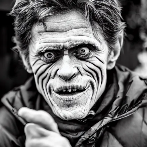 Image similar to willem dafoe trick or treating on halloween, ( sony a 7 r iv, symmetric balance, polarizing filter, photolab, lightroom, 4 k, dolby vision, photography awardm, voque, perfect face )