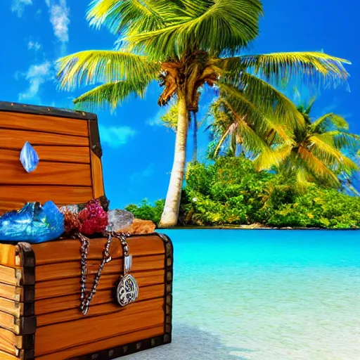 Prompt: a treasure chest on a tropical island, with a palm tree, and crystal clear water, 4 k