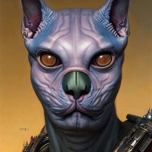 Image similar to the doomslayer as anthropomorphic sphynx cat a realistic scifi cyberpunk, visible face closeup portrait art by donato giancola and greg rutkowski, vintage retro scifi, realistic face, digital art, trending on artstation, symmetry