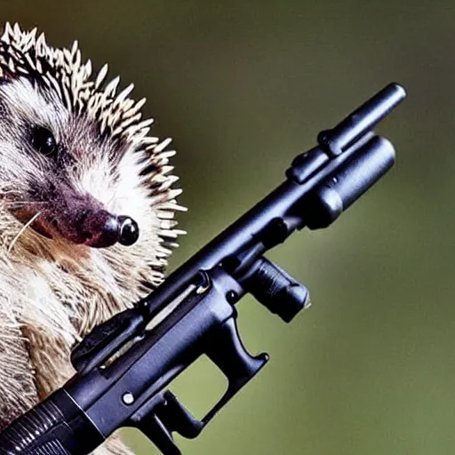 Image similar to still image of a hedgehog wearing body armor, hedgehog soldier with a gun, the hedgehog is holding a rifle, photo