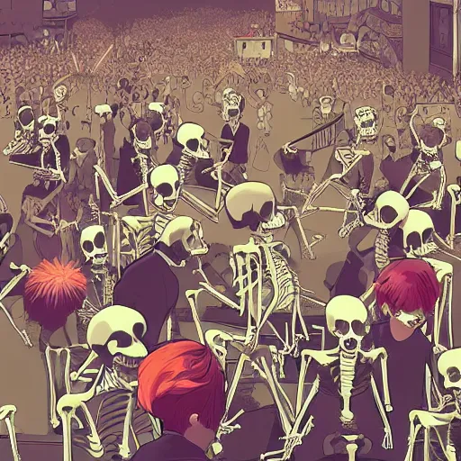 Image similar to a crowd composed by skeletons dressed funnily fight to have the an Iphone in a store of London, 2d, ultra highly detailed, digital painting, smooth, sharp focus, artstation, pixiv, art by Ilya Kuvshinov