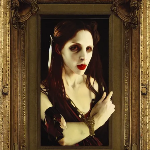 Prompt: A beautiful painting of a lady vampire, victorian, dracula, ominous, oil on canvas, photorealism, alphonse mucha, irwin penn, high definition, soft light