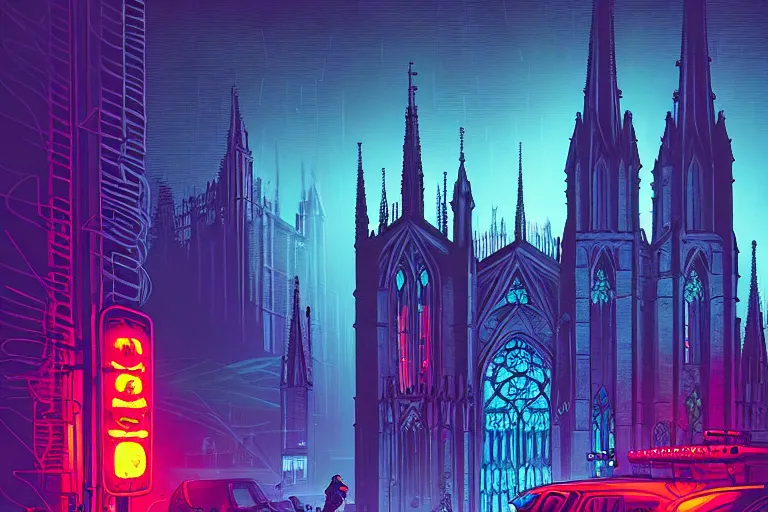 Image similar to a gothic cathedral dan mumford and josan gonzalez and simon stalenhag, cyberpunk, police drones, neon signs