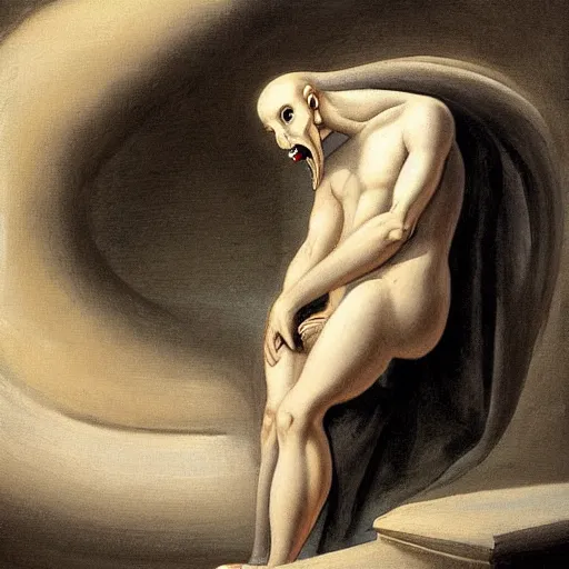 Image similar to A beautiful body art of of a giant head. The head is bald and has a big nose. The eyes are wide open and have a crazy look. The mouth is open and has sharp teeth. The neck is long and thin. ancient Greek architecture by Greg Girard, by Henry Fuseli balmy