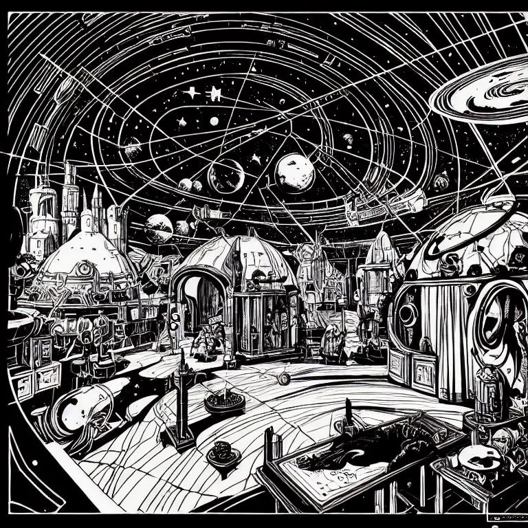 Prompt: ancient alchemist wizards laboratory, ceiling dome outerspace, high details, lineart, by vincent di fate, inking, 3 color screen print, masterpiece, trending on artstation, sharp, high contrast, hyper - detailed, hd, 4 k, 8 k