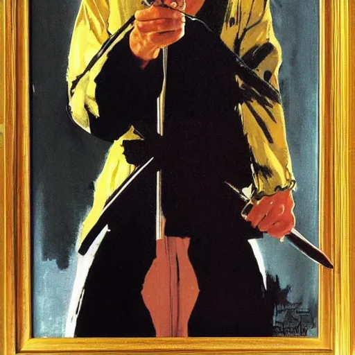 Image similar to a portrait painting of Uma Thurman in kill bill. Painted by Norman Rockwell