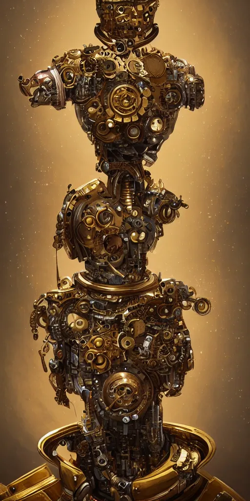 Prompt: a portrait of a robot character made of clockwork parts of gold and brass, puppet, mechanical, in the style of michael kutsche and peter mohrbacher, photorealistic, trending on artstation