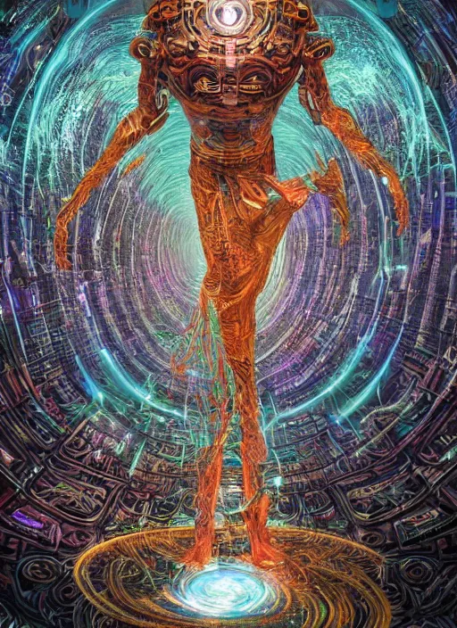 Image similar to a machine god in the machine universe encounters a living being organic cosmos inside an asymmetric orthogonal non - euclidean upside down inside out world with an infinite cosmic spiral waterfall of living information, inspired by android jones and blake foster, hyperrealistic, extreme detail, digital art, concept art, rendered in cinema 4 d, cryengine 8 k