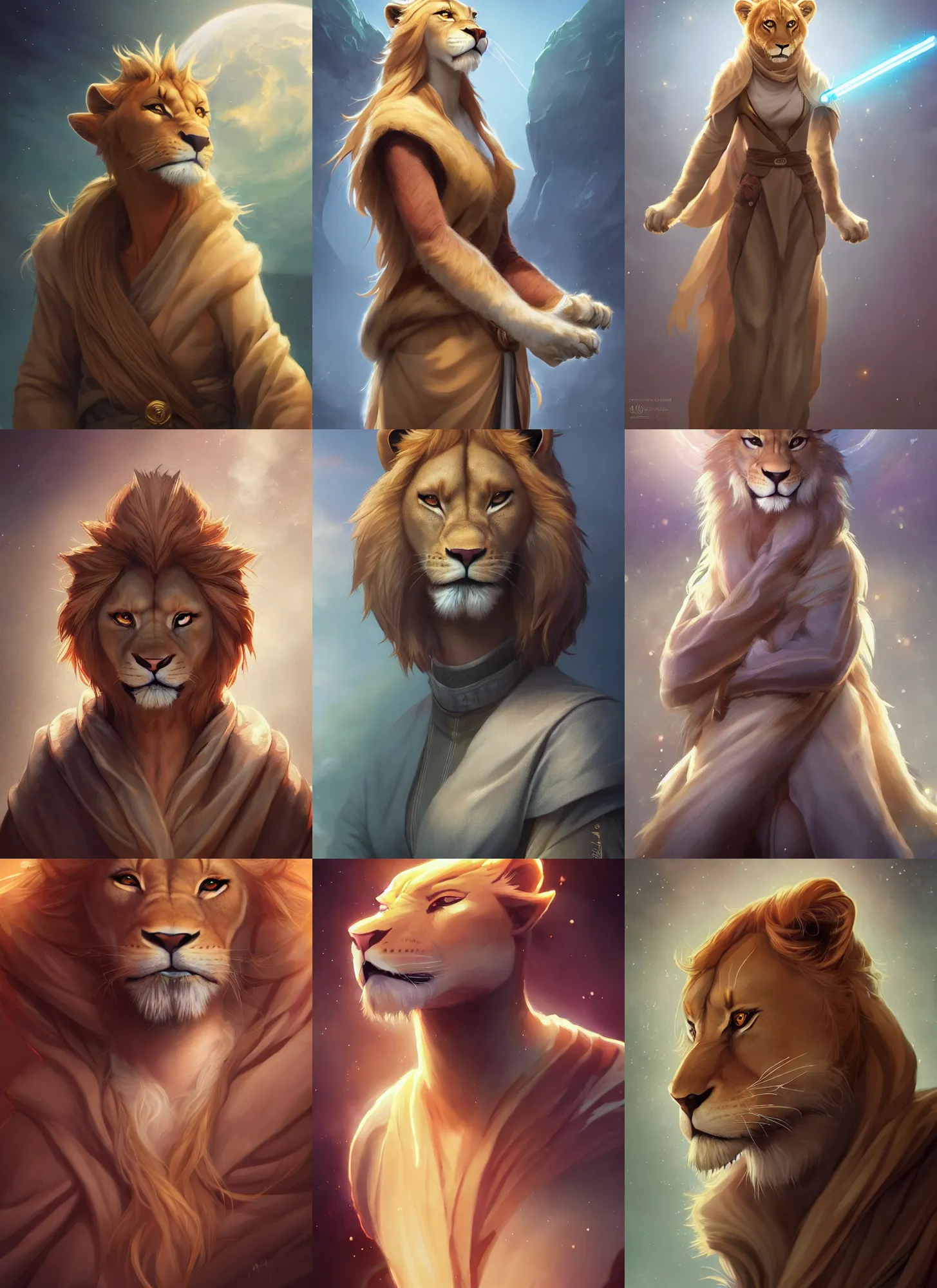 Prompt: beautiful portrait of a female anthropomorphic lioness fursona wearing jedi robes. character design by, charlie bowater, ross tran, artgerm, and makoto shinkai, detailed, soft lighting, rendered in octane