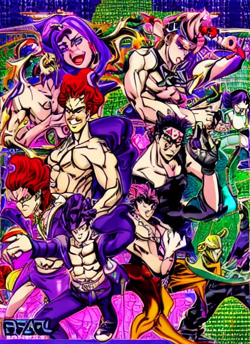 Image similar to jojo stand power based on demoscene chiptune webcore, art by hirohiko araki