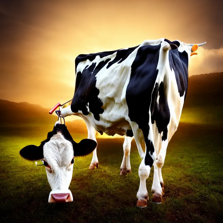 Image similar to homelander drinks milk from a cow, realistic, dramatic lighting, colors bright, dslr shot