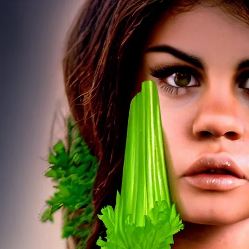 Image similar to realistic photo of a human celery!!!! with selena gomez face, hd, uhd, hdr, cinematic lightning, 8 k, 4 k wallpaper