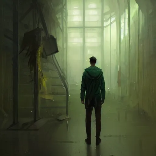 Image similar to concept art by greg rutkowski, a very tall and slender young man, dressed in green patient clothes and an open sweatshirt, wandering through a desolate futuristic hospital, dimly lit, frightening, scifi, highly detailed portrait, digital painting, artstation, concept art, smooth, sharp foccus ilustration, artstation hq