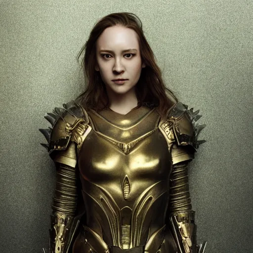 Image similar to attractive aesthetically pleasing young woman portrait, partially clothed in metal-plated battle armor, atmospheric lighting, painted, intricate, volumetric lighting, beautiful, golden hour, sharp focus, ultra detailed, by Leesha Hannigan, Ross Tran, Thierry Doizon, Kai Carpenter,Ignacio Fernández Ríos