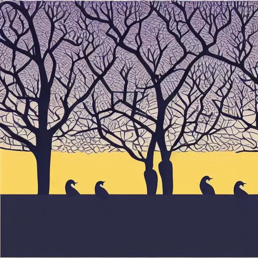Prompt: birds on cherry tree, Changelingcore, serene, graceful, sunset photo at golden hour, Kodachrome, digital painting by M. C. Escher n -9