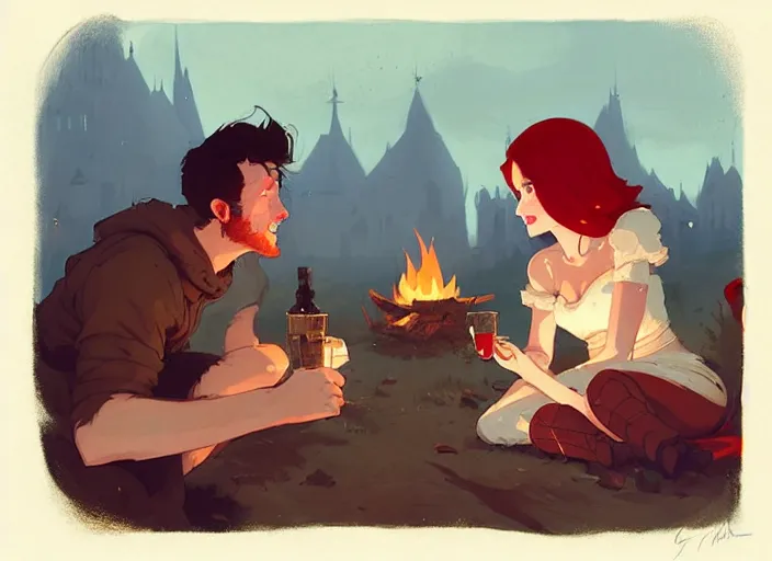 Image similar to a brunette man and a red - haired woman chatting together around a campfire, medieval times by atey ghailan, by greg rutkowski, by greg tocchini, by james gilleard, by joe fenton, by kaethe butcher, dynamic lighting, gradient light blue, brown, blonde cream and white color scheme, grunge aesthetic