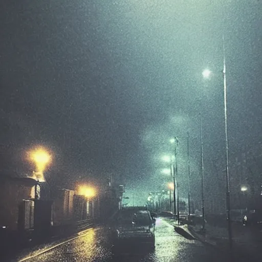 Prompt: Night, street lights, rain, dankness, leaves, darkness. dark, sinister, menacing, haunting, forbidden, gloomy, stormy, doomed, apocalyptic, sinister, dark, ghostly, unnerving, agonizing, terrible, frightening, shocking, horror