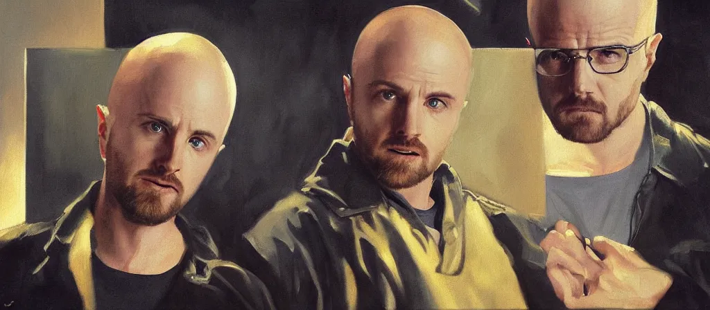 Prompt: an ultra detailed beautiful oil painting of jesse pinkman and heisenberg from breaking bad, cinematic composition, soft shading, by sargent, by giovanni strazza, by raffaelo monti