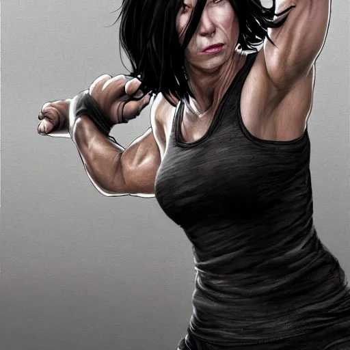 Image similar to an action photo of a black haired woman in a black tank top fighting a man, rocky movie, muscular upper body, abs, d & d, fantasy, intricate, elegant, highly detailed, digital painting, artstation, concept art, smooth, sharp focus, illustration, art by artgerm and greg rutkowski and alphonse mucha