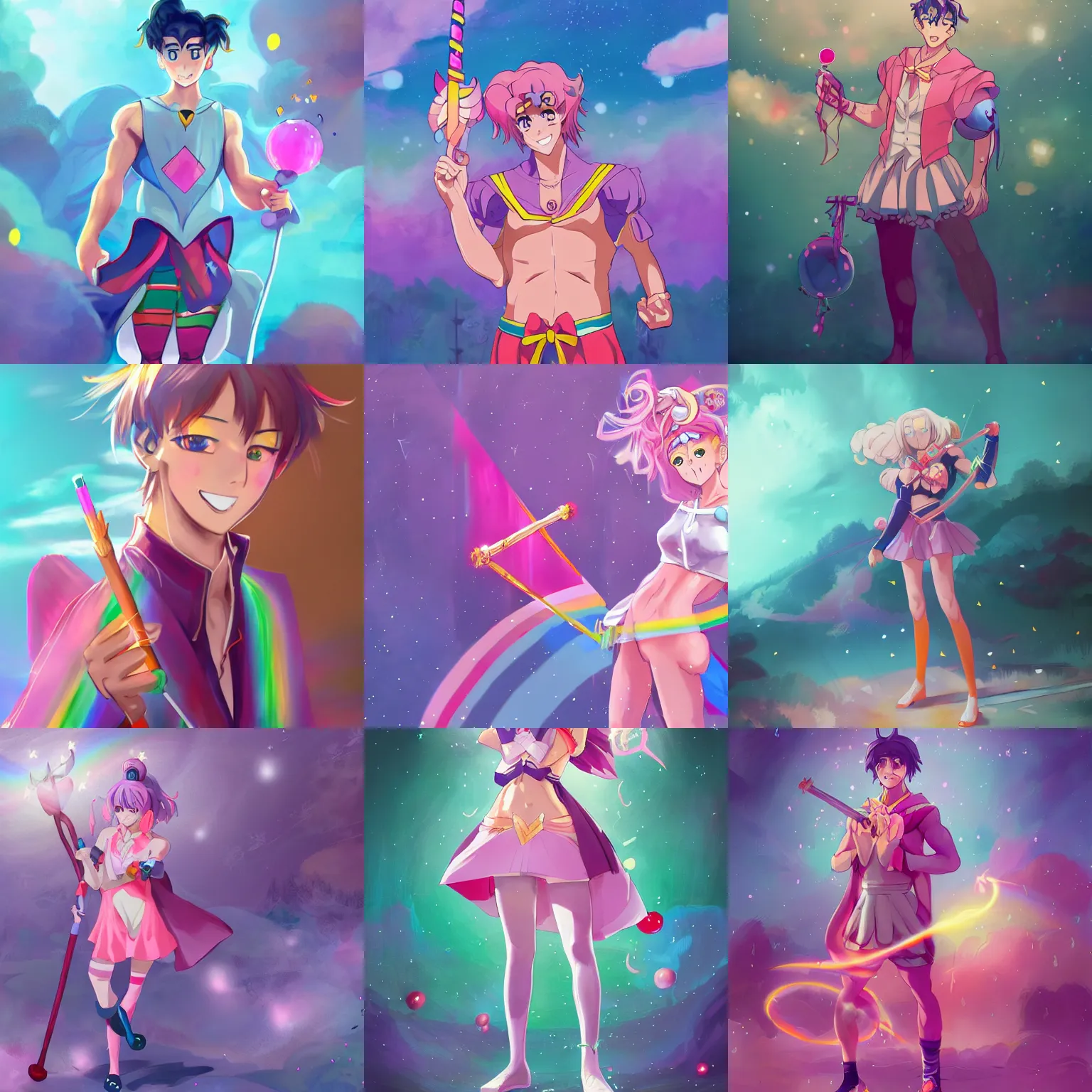 Image similar to crossdressing magical man in anime style, colorful dress, holding wand, fantasy, smile, illustration, body hair, muscular, full body, workout, male, body builder, digital painting, artstation, simon stalenhag, epic, stunning, rainbows, sailor moon, hdr, highly detailed