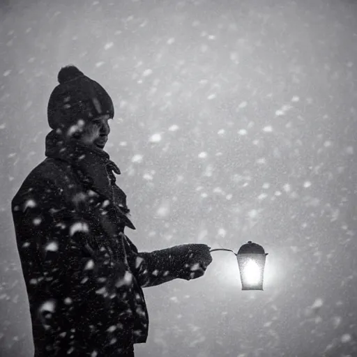 Image similar to a man holds a lantern, snowstorm, alien landscape, foggy, cold, view from the distance, black and white vintage photo