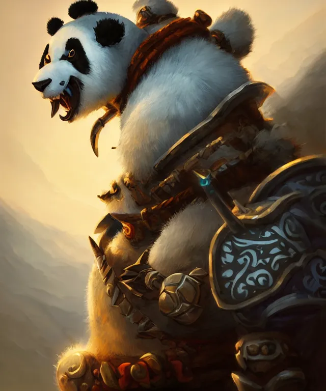 Image similar to a closeup portrait an anthropomorphic panda samurai, wearing armor with spiked shoulders, landscape in background, dnd character art portrait, world of warcraft style, by peter mohrbacher, cinematic lighting