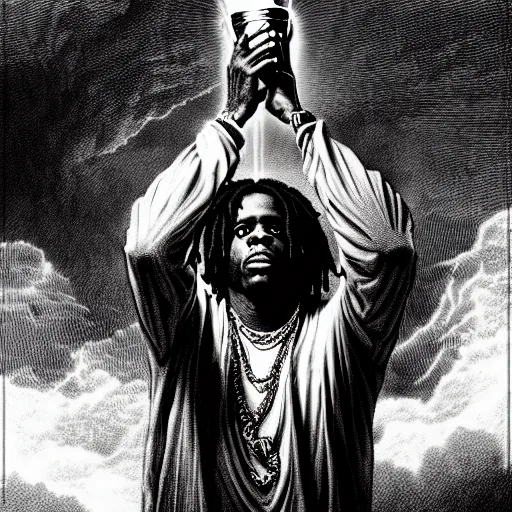 Prompt: chief keef ascending into heaven holding cup of lean and blunt, biblical image, style of gustave dore, highly detailed, beautiful, high contrast, black and white