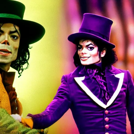 Prompt: awe inspiring Michael Jackson playing Willy Wonka 8k hdr movie still dynamic lighting
