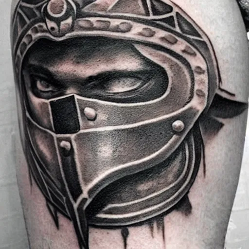 Image similar to A thracian helmet, tattoo, tattoo art, Black and grey tattoo style