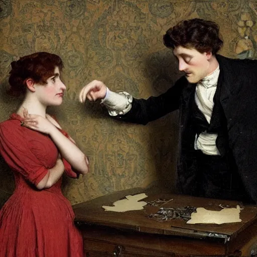 Image similar to young victorian man and woman solving an escape room riddle, painted by alfred stevens