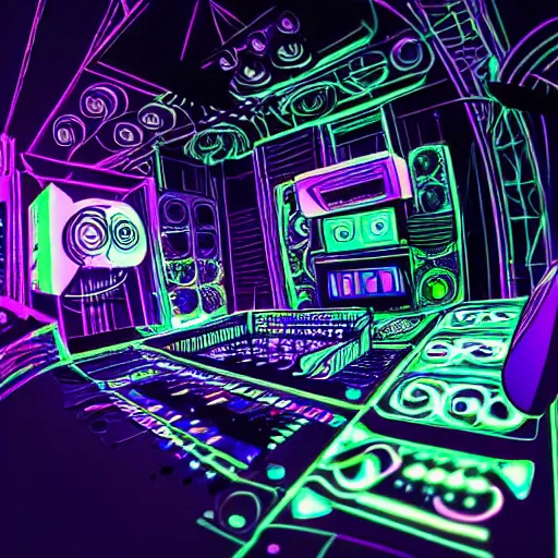 Prompt: intricate detailed artwork of a futuristic hardstyle music dj at an underground warehouse rave in the style of Sandra Pelser, VR headset, wires, speakers, neon