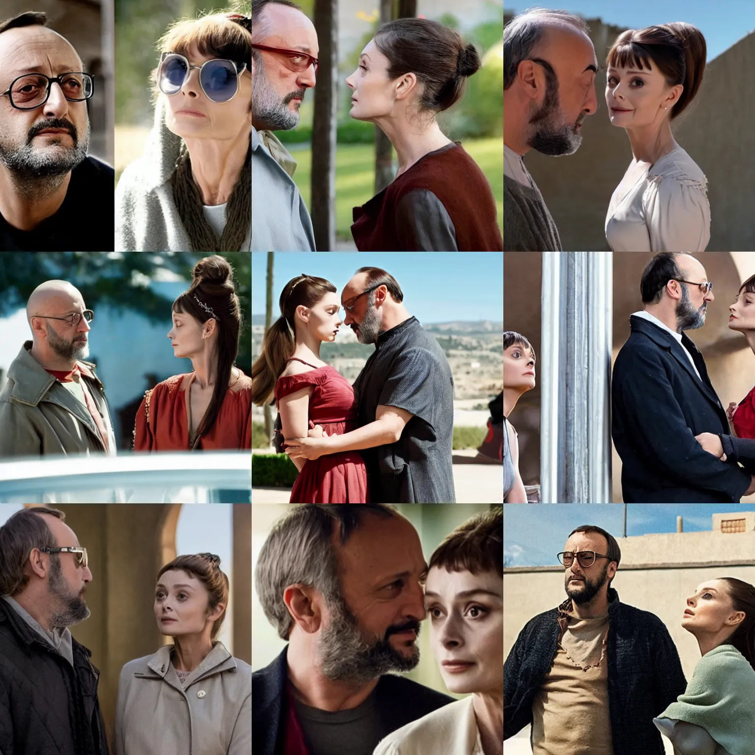 Prompt: In the 15th century Romeo (Jean Reno) and Juliet (Audrey Hepburn), are looking at each other romantically in Better Call Saul, Netflix series 2022, directed by Peter Gould