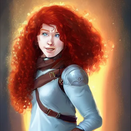 Image similar to a young woman with curly red hair, freckles, smart, portrait, shallan davar, blue eyes, smiling, thick hair, rpg, dnd, fantasy, artgerm style