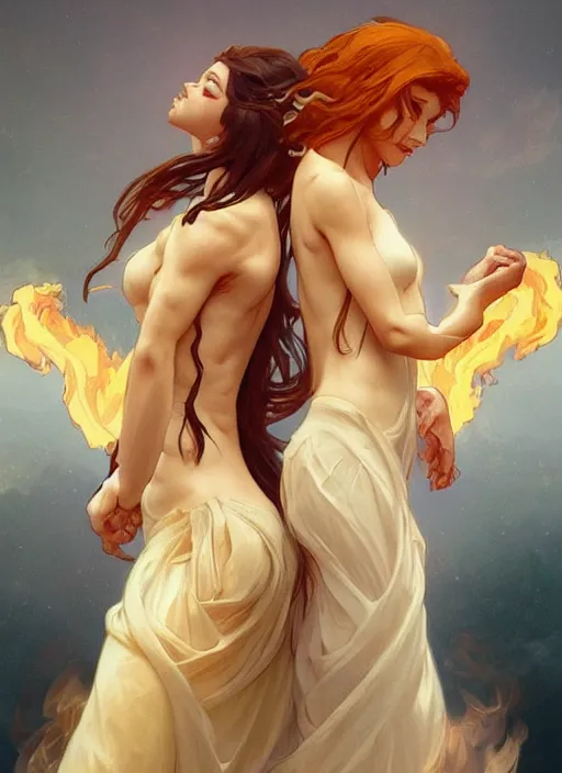 Image similar to a couple made of fire and smoke, full body view, beautiful high quality realistic fantasy art, trending on artstation by artgerm and greg rutkowski and alphonse mucha