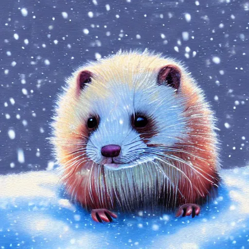 Image similar to cute fluffy ferret sitting in snowy winter landscape detailed painting 4 k